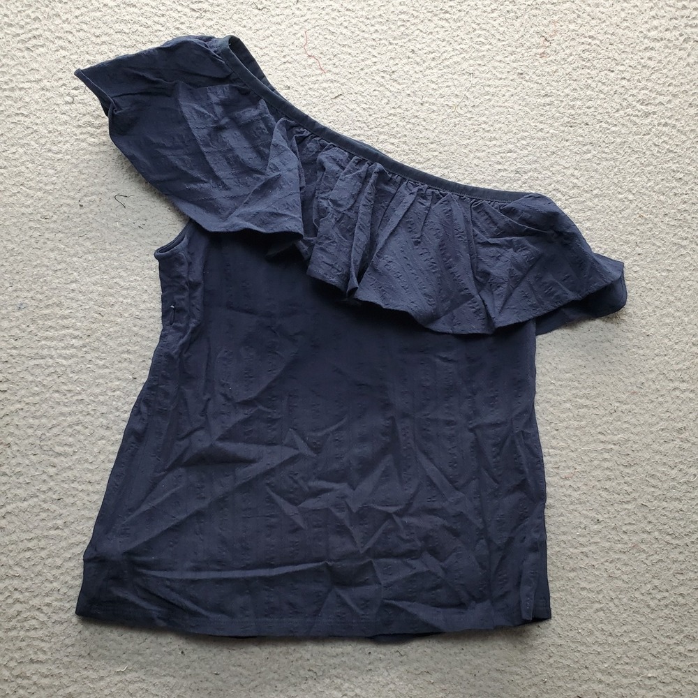 G by Giuliana Blouse Top Womens Small Navy Pleat Ruffle One Shoulder Lightweight - Picture 2 of 8